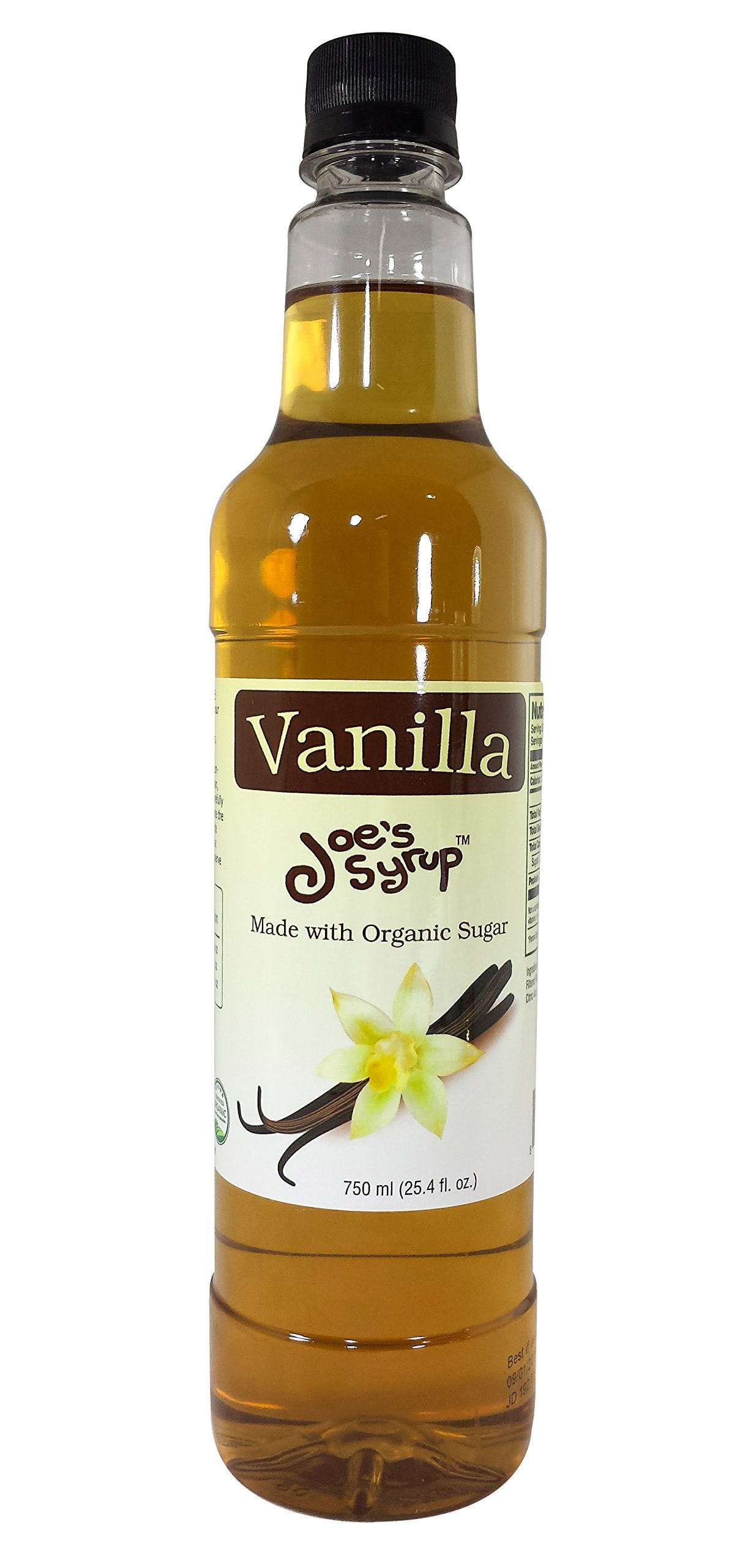 Joe's Syrup front label on 750 ml bottle showing organic vanilla benefits