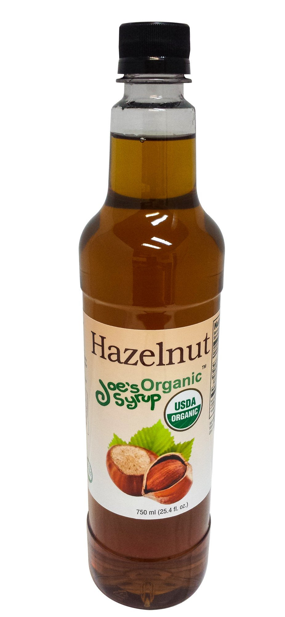 Joe's Syrup front label showing organic hazelnut branding and benefits