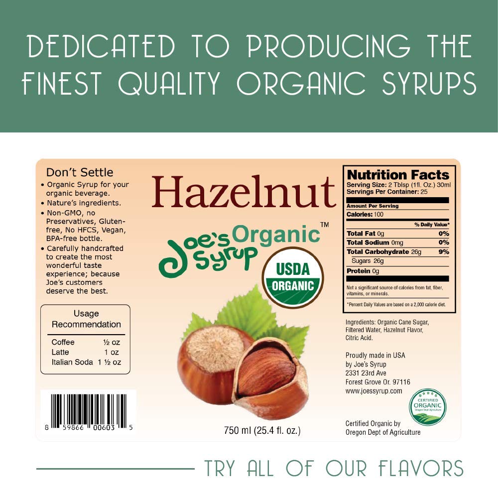 Joe's Syrup angled bottle view highlighting organic label and premium finish