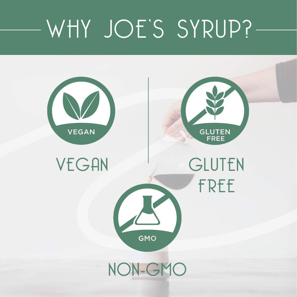 Joe's Syrup ingredient panel close-up highlighting organic, vegan benefits