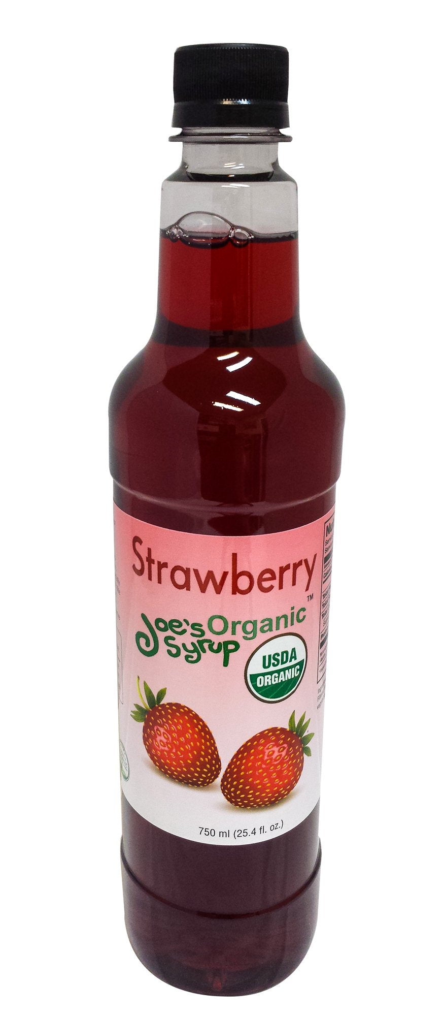 Joe's Syrup bottle front label showing organic strawberry and certifications, clear benefit: trust