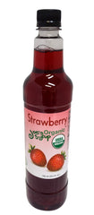 Joe's Syrup bottle front label showing organic strawberry and certifications, clear benefit: trust
