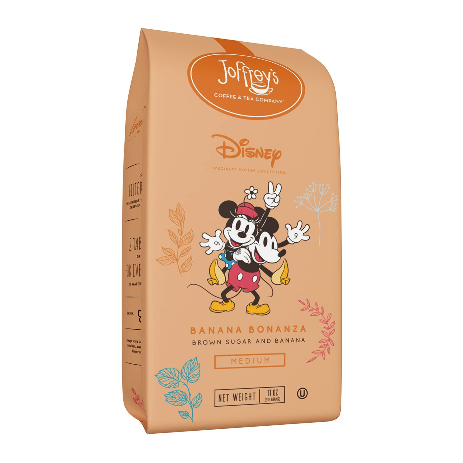 Joffrey's Coffee front packaging showing Disney Banana Bonanza branding and 11 oz bag, gifting appeal