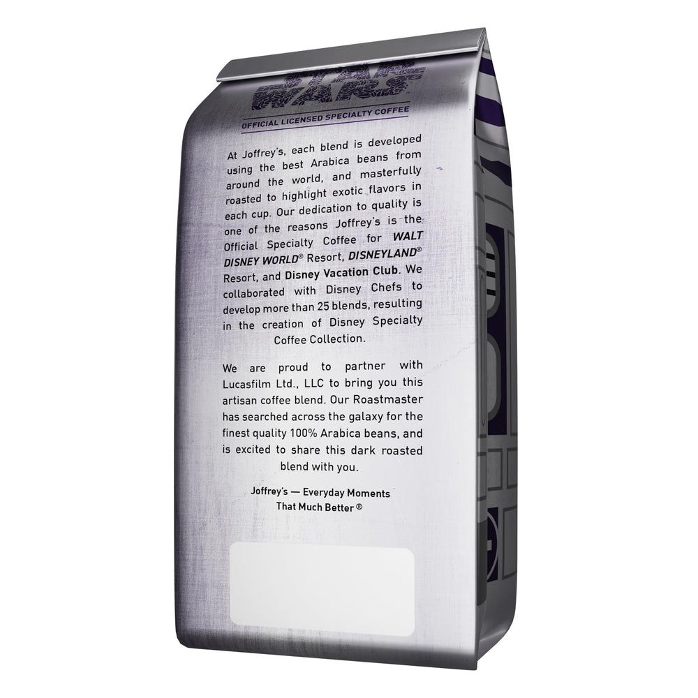 Joffrey's R2-D2 side label detailing roast level and sourcing information