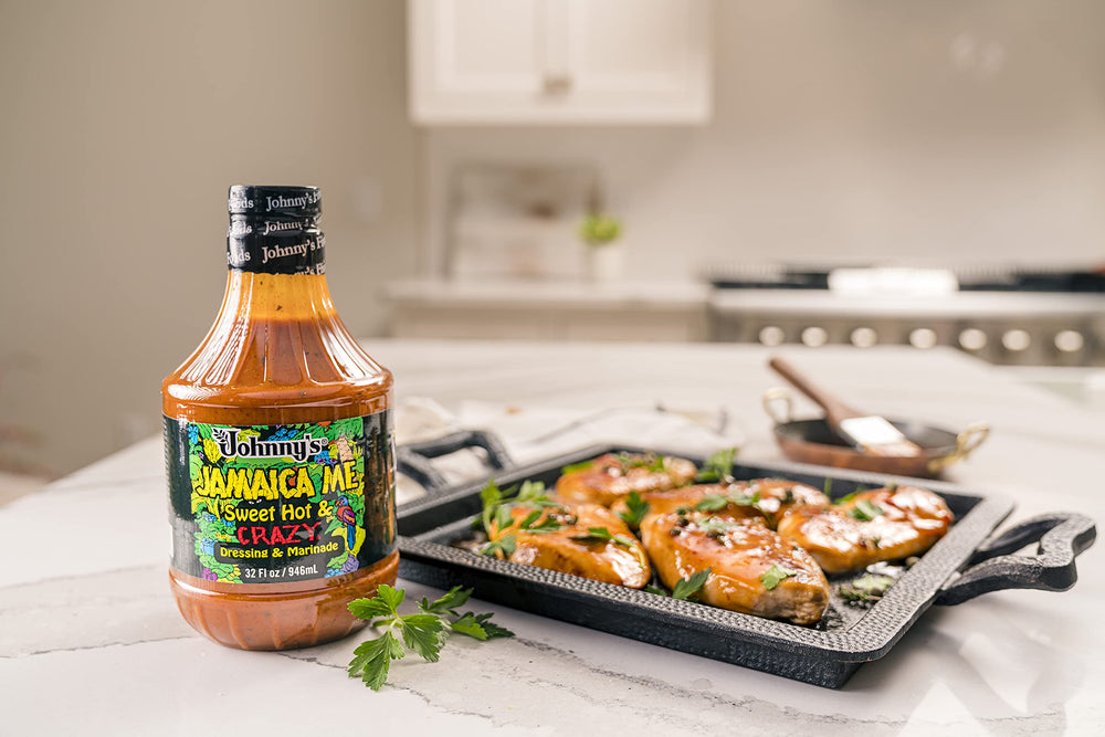 Johnny's dressing close-up texture showing glossy glaze and visible spice flecks