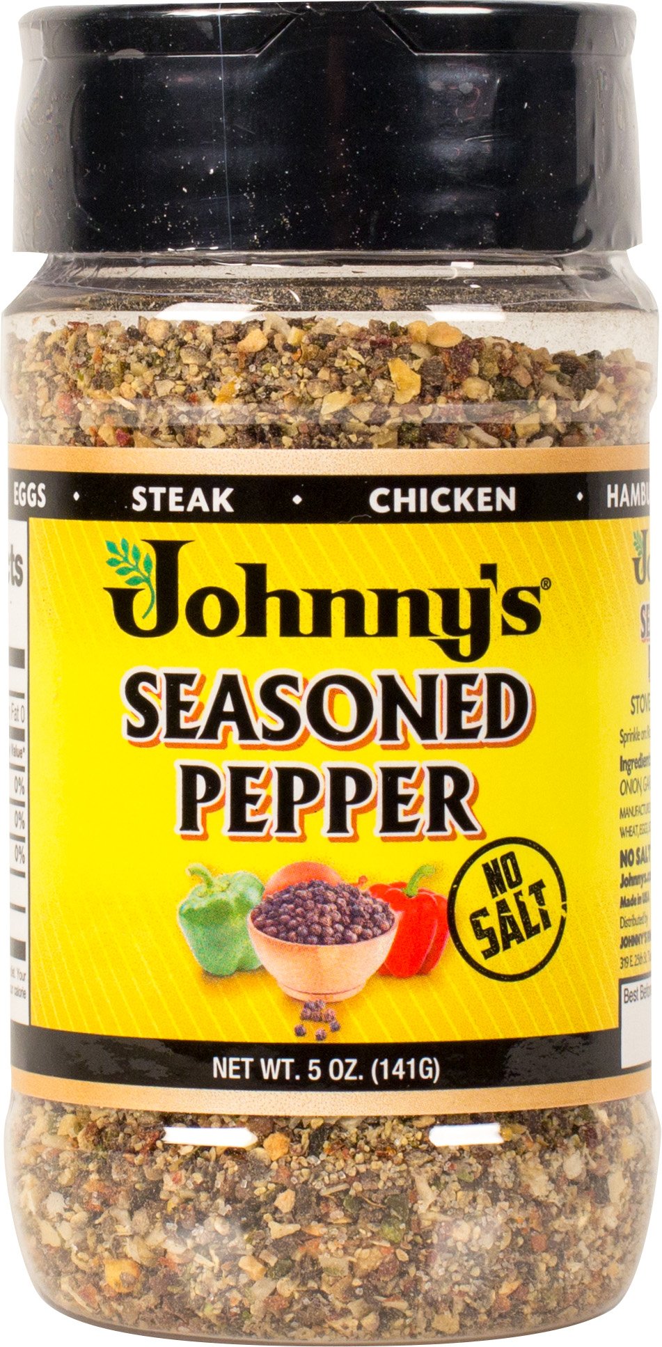 Johnny's seasoned pepper front label showing 5 oz jar and clear branding benefit: easy identification