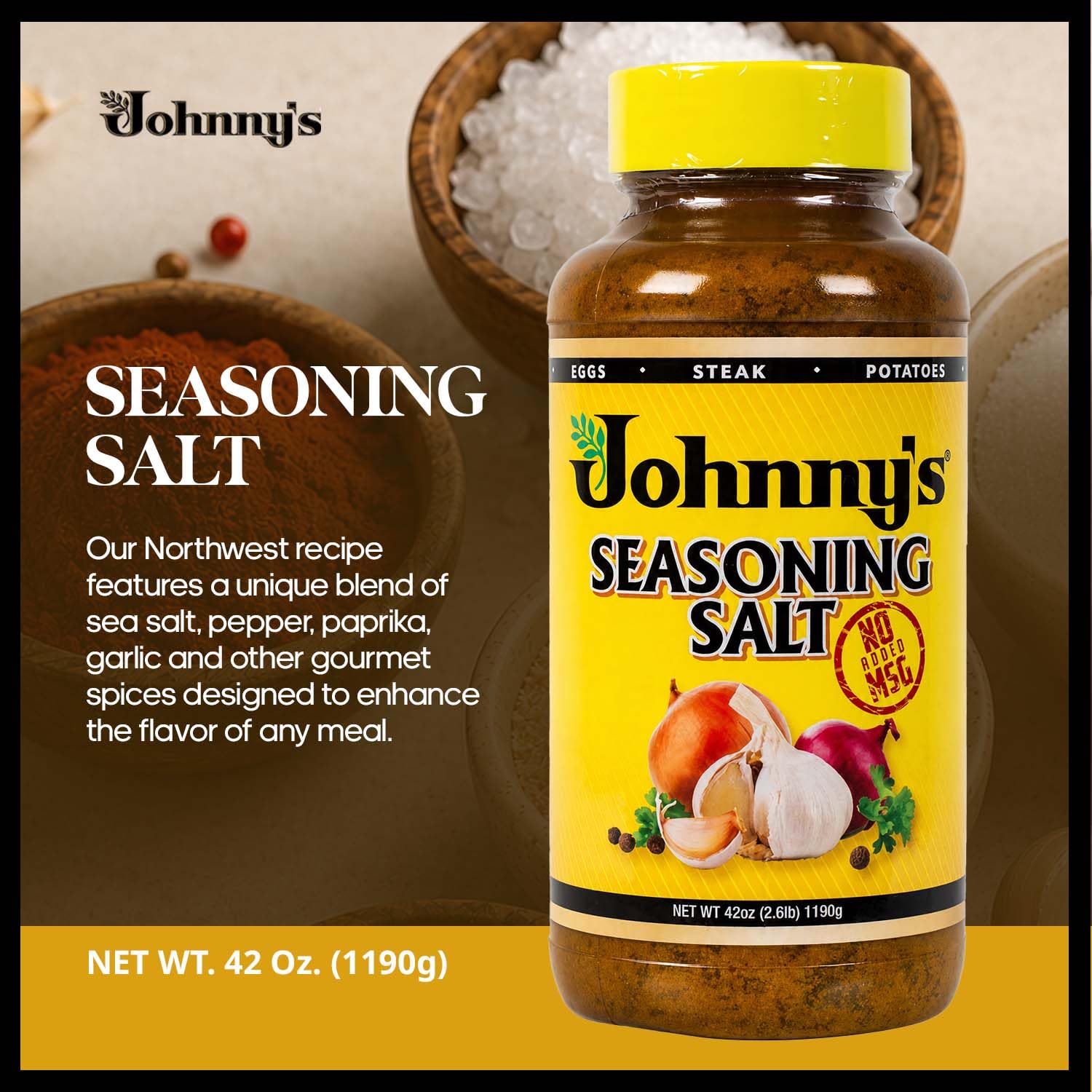 Johnny's seasoning pouring texture with visible spices for even seasoning