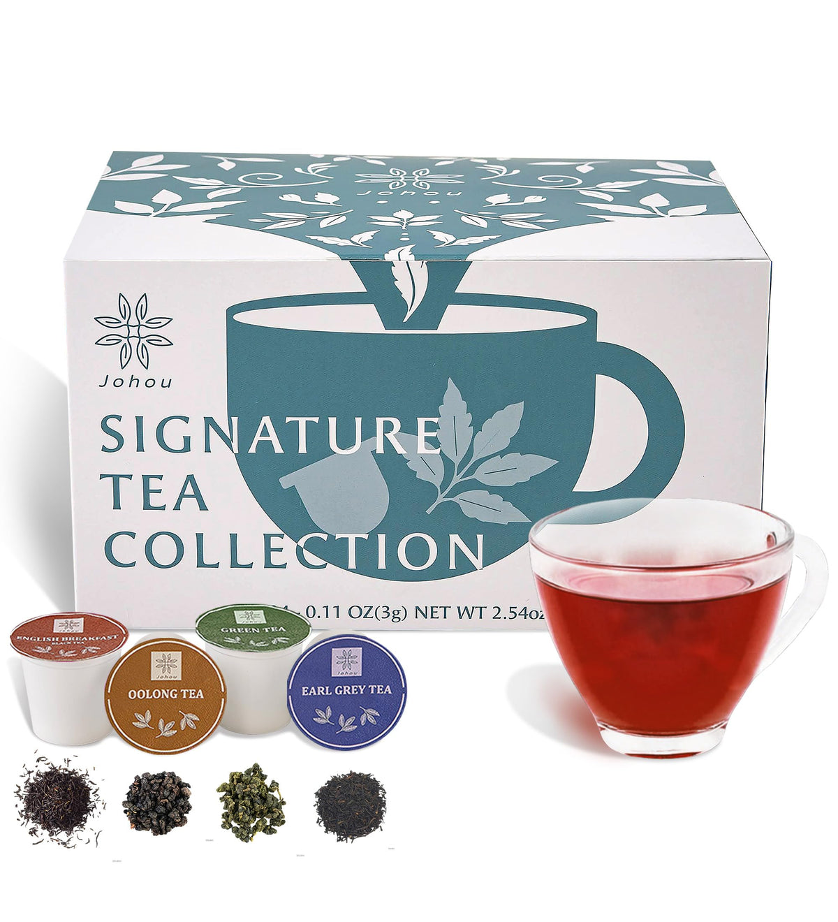 Johou front packaging showing four-flavor pods and recyclable claim for easy selection
