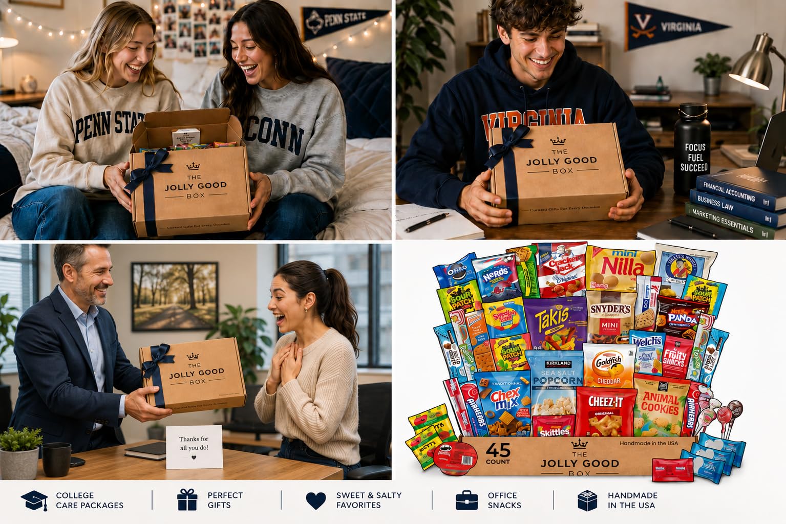Jolly Good Care Packages in dorm room and office scene demonstrating convenience for students and coworkers