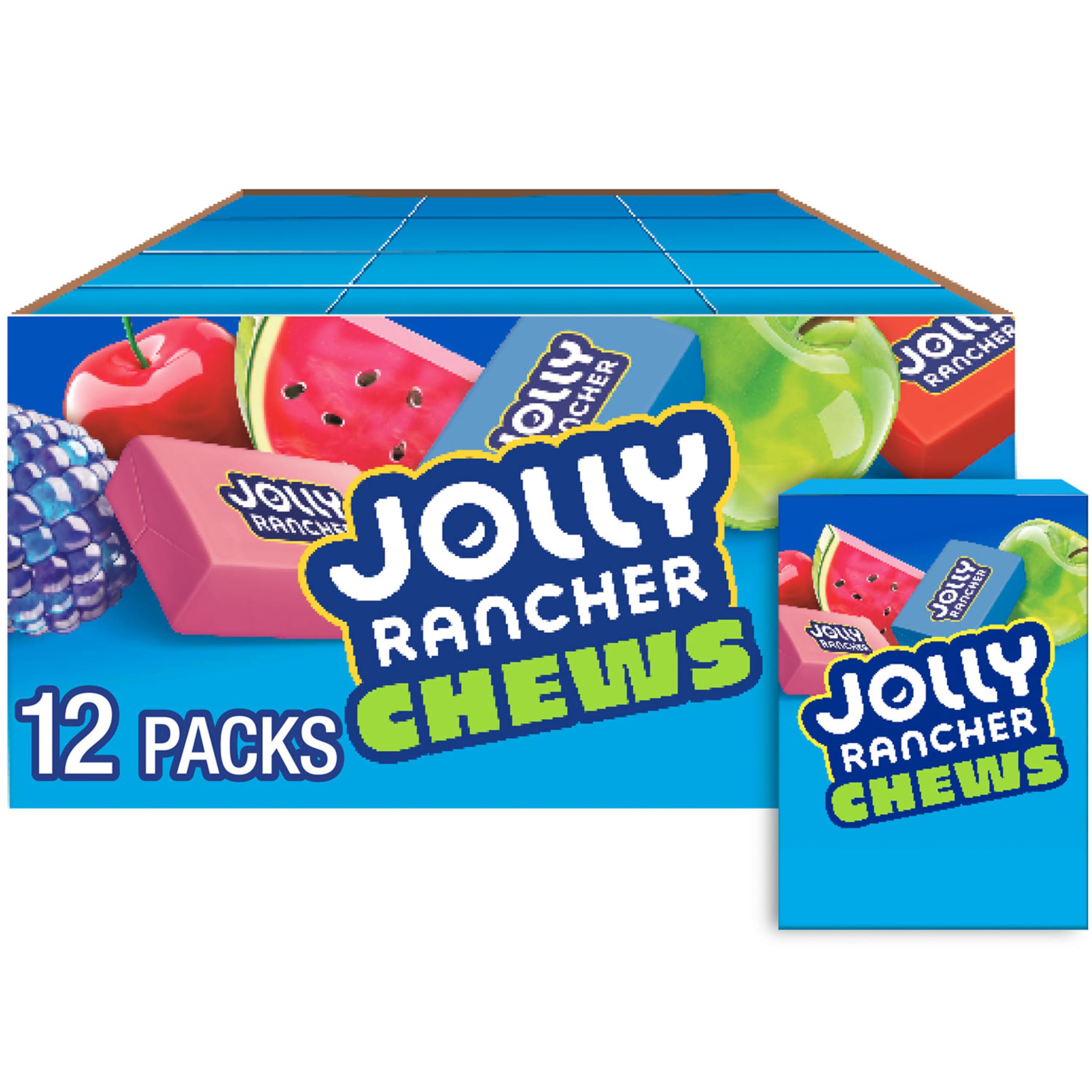 Jolly Rancher box front showing assorted fruit chews and colorful branding for grab-and-go convenience