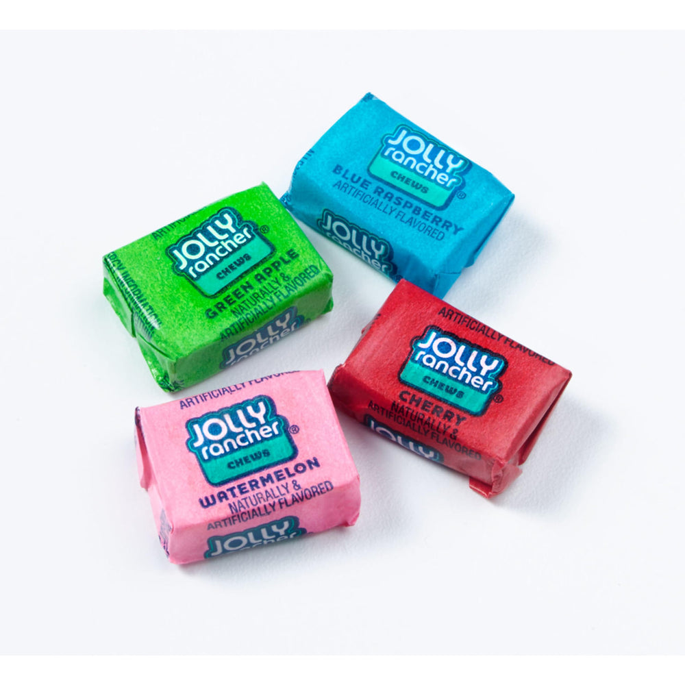 Close-up of Jolly Rancher chew texture highlighting chewy bite and vibrant fruit colors