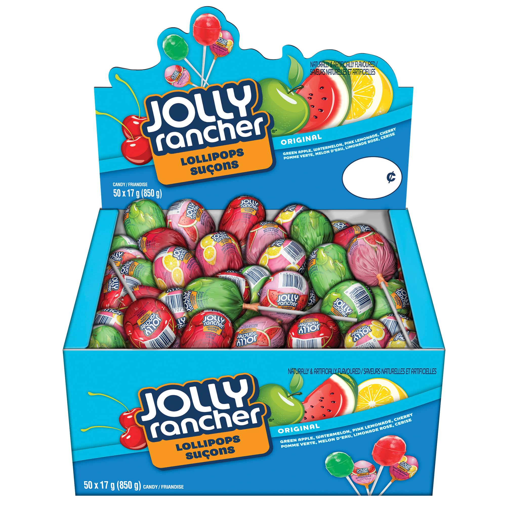 Jolly Rancher box front view showing 850g assortment and branding benefit: easy bulk supply