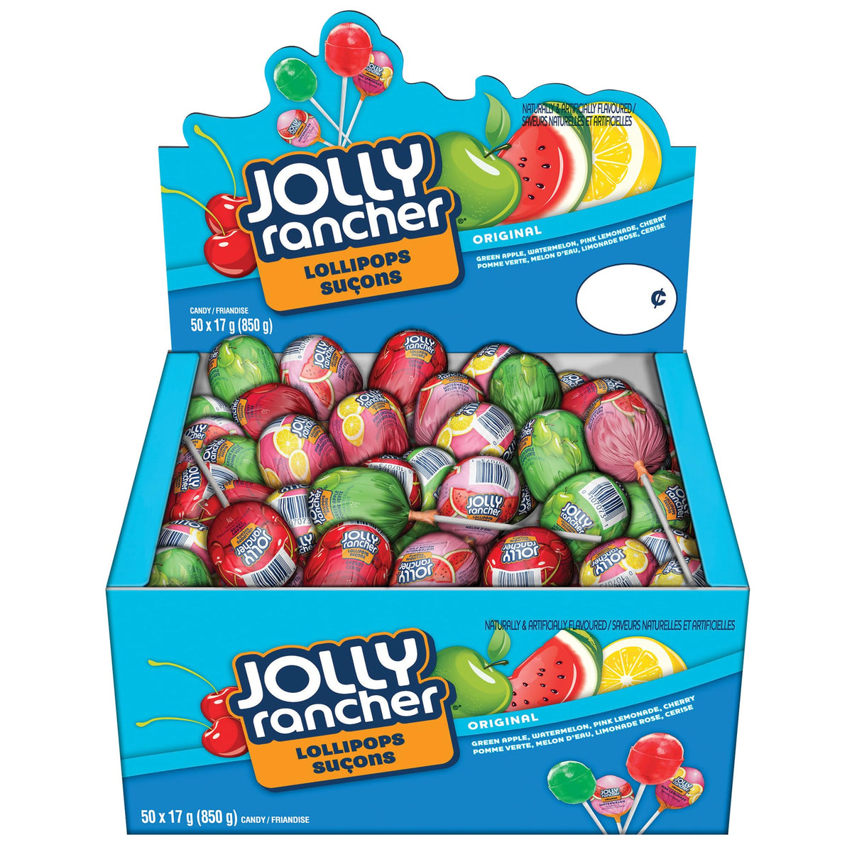 Jolly Rancher box front view showing 850g assortment and branding benefit: easy bulk supply