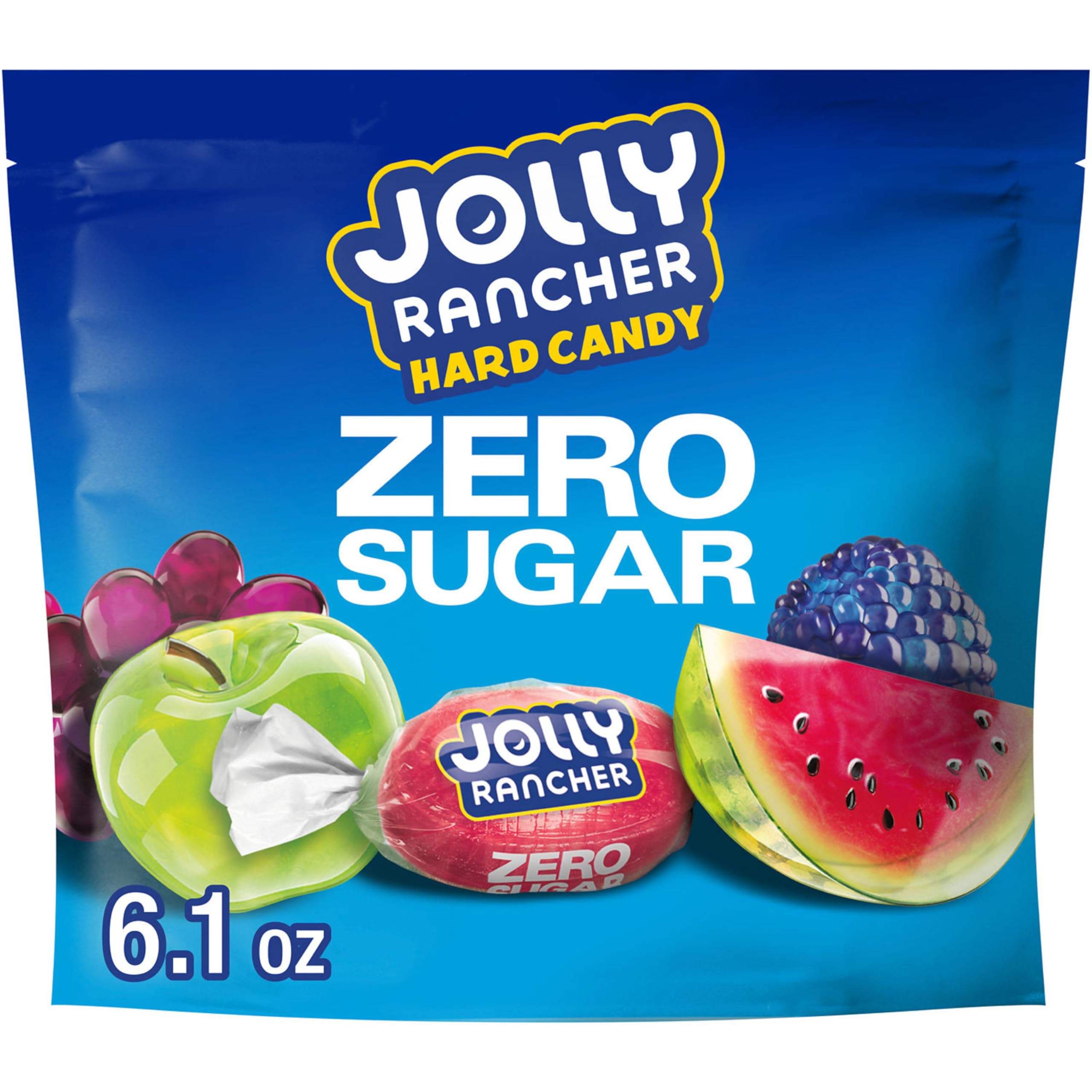 Jolly Rancher front packaging showing assorted sugar free bags and bright colors