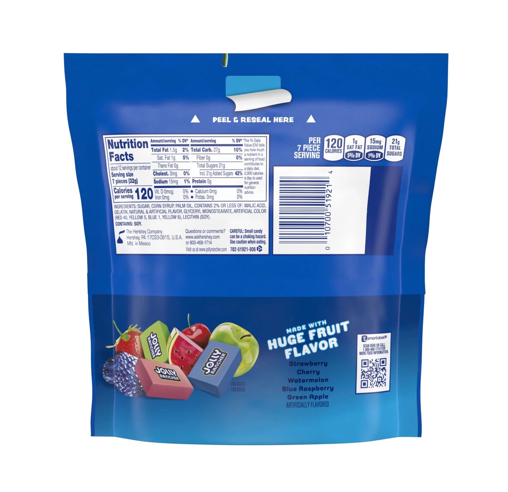Jolly Rancher label and nutrition panel for ingredient and allergen info