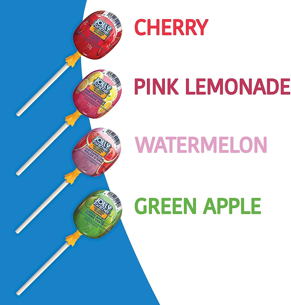 Hand holding a Jolly Rancher lollipop next to coins showing scale and easy portion size
