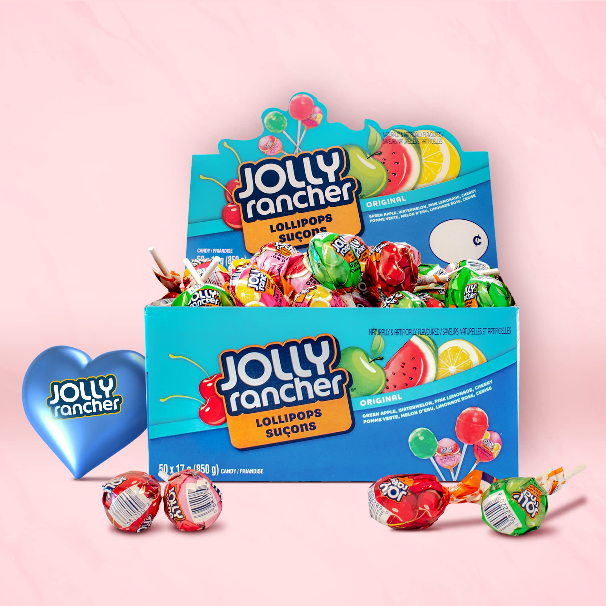 Detail shot of a Jolly Rancher pop on its stick demonstrating long-lasting candy texture