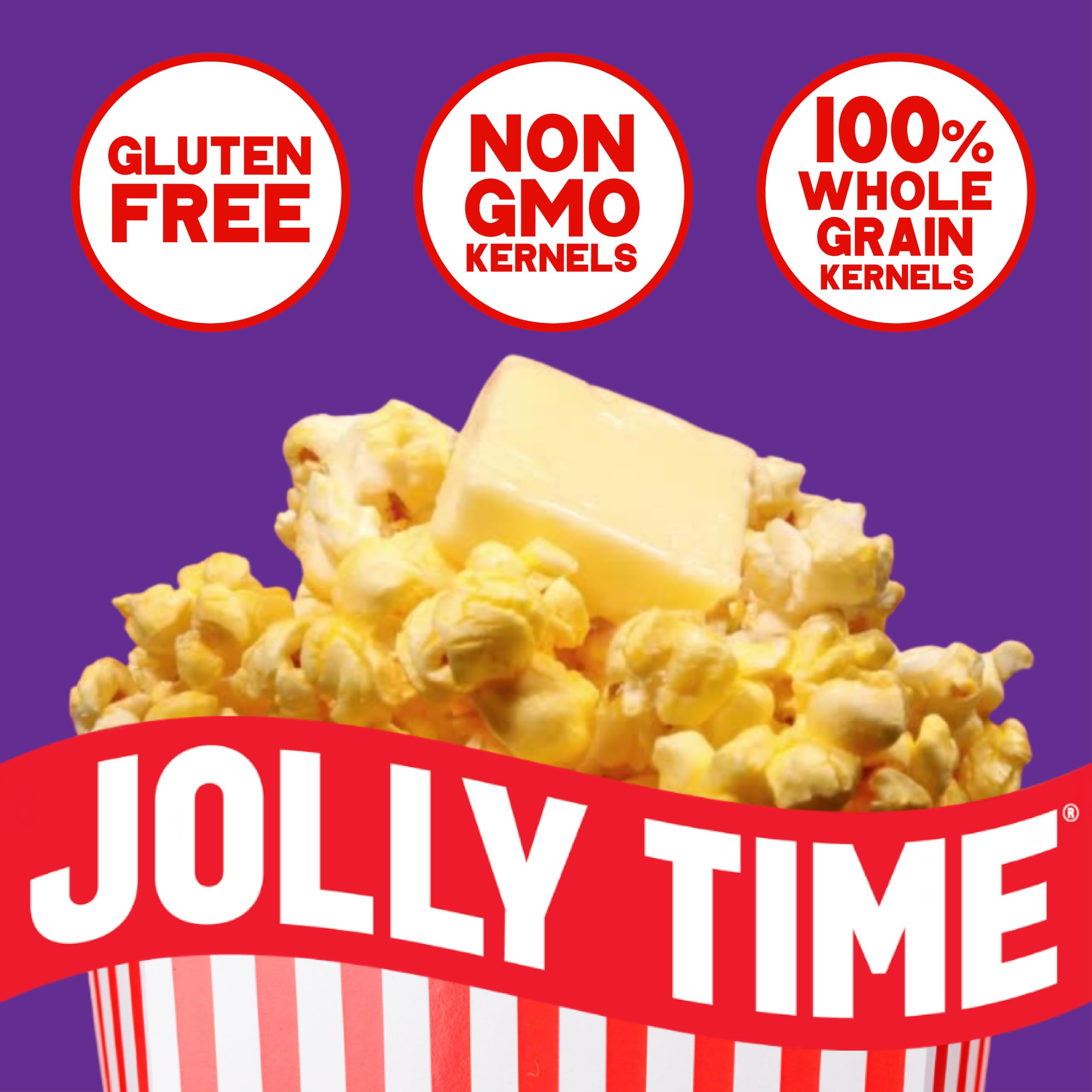 Jolly Time open bag with freshly popped popcorn showing generous volume