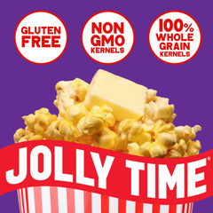 Jolly Time open bag with freshly popped popcorn showing generous volume