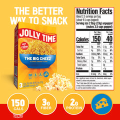 Jolly Time popped popcorn spilling from opened bag, showcasing tender kernels and convenience