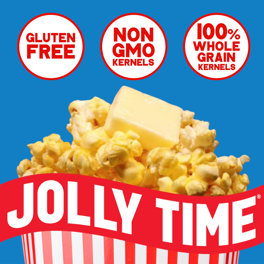 Jolly Time closeup of cheddar seasoning on kernels highlighting bold nacho flavor