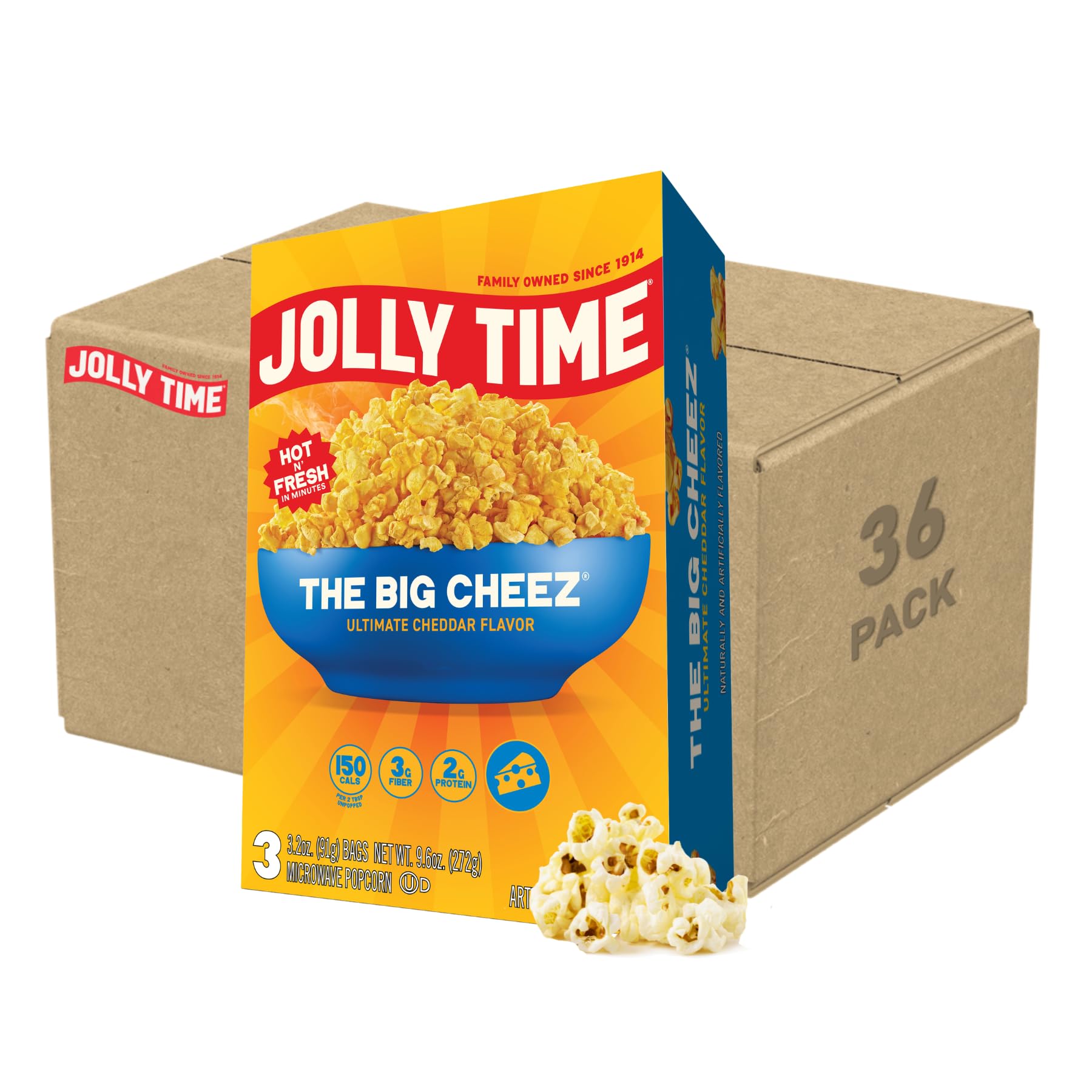 Jolly Time front packaging showing three 3.2oz sharing bags and bold branding benefit