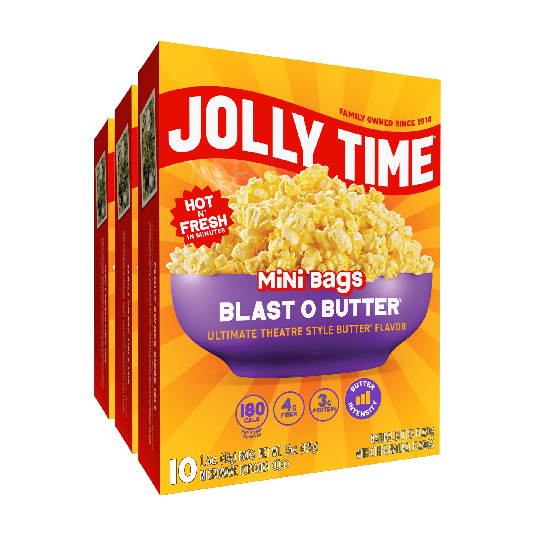 jolly time front box showing 3 boxes and package benefits for pantry convenience