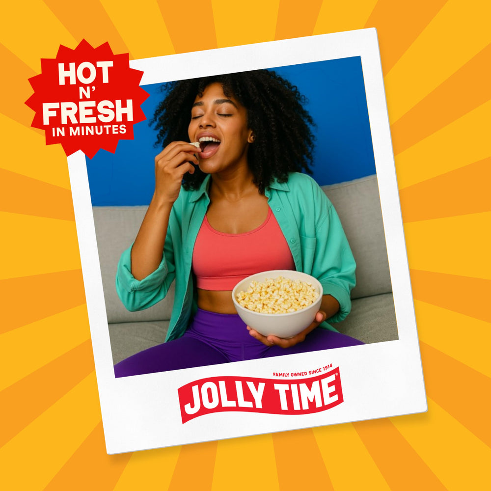 Jolly Time family movie night scene showing shared snack benefit