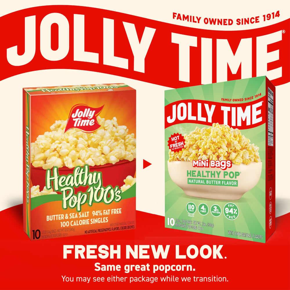 Jolly Time family watching movie with popcorn portraying shared, healthier snack time