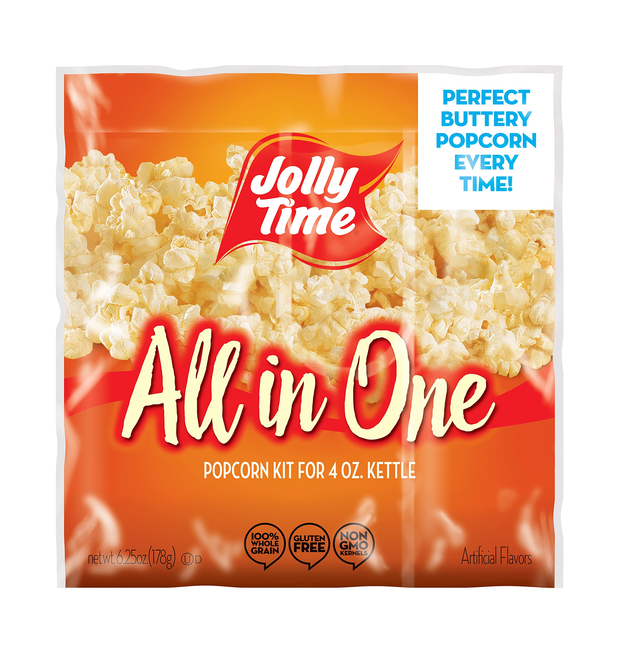 Jolly Time front package showing 24-pack, clear branding and portion packets benefit quick service