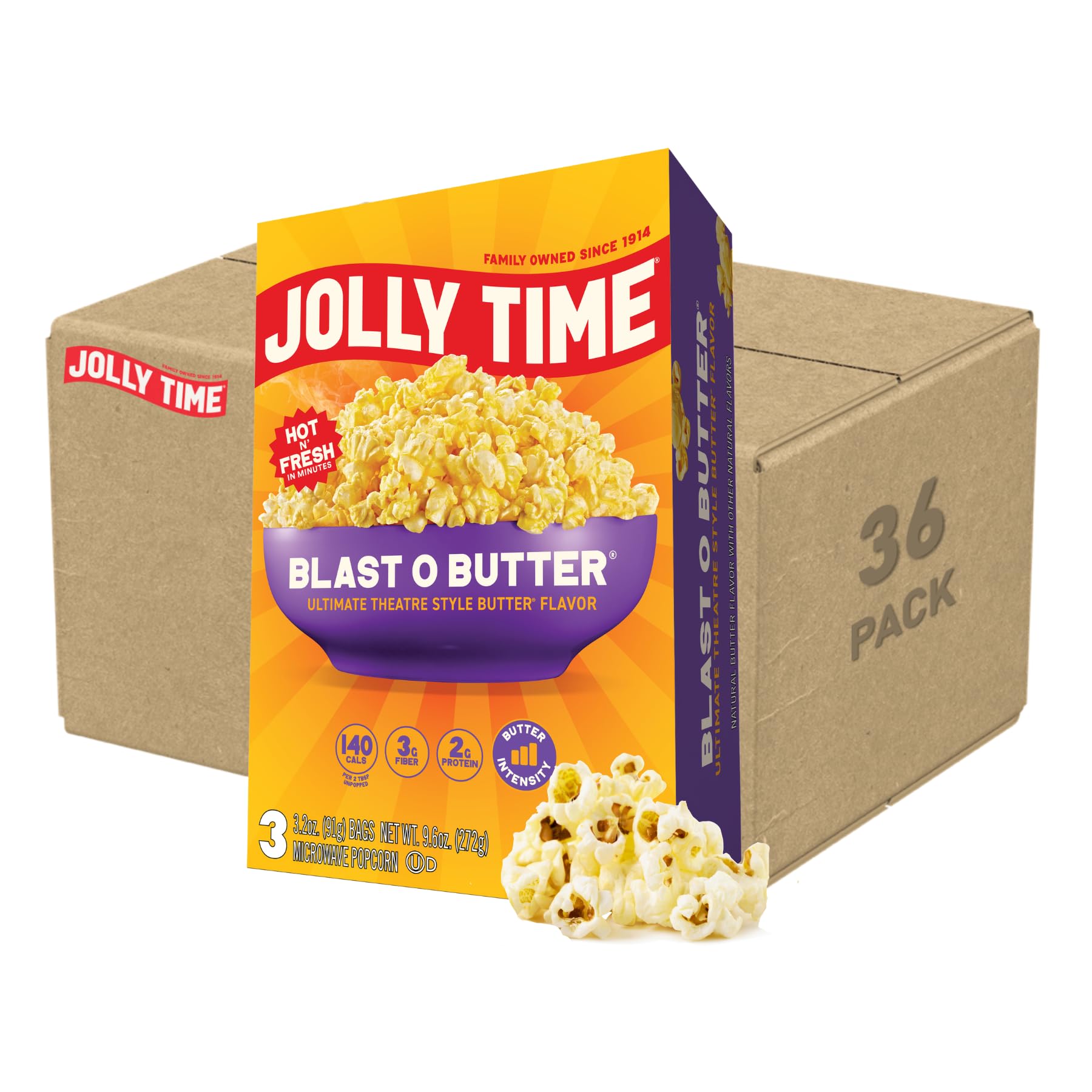Jolly Time front packaging showing Blast O Butter and buttery flavor appeal