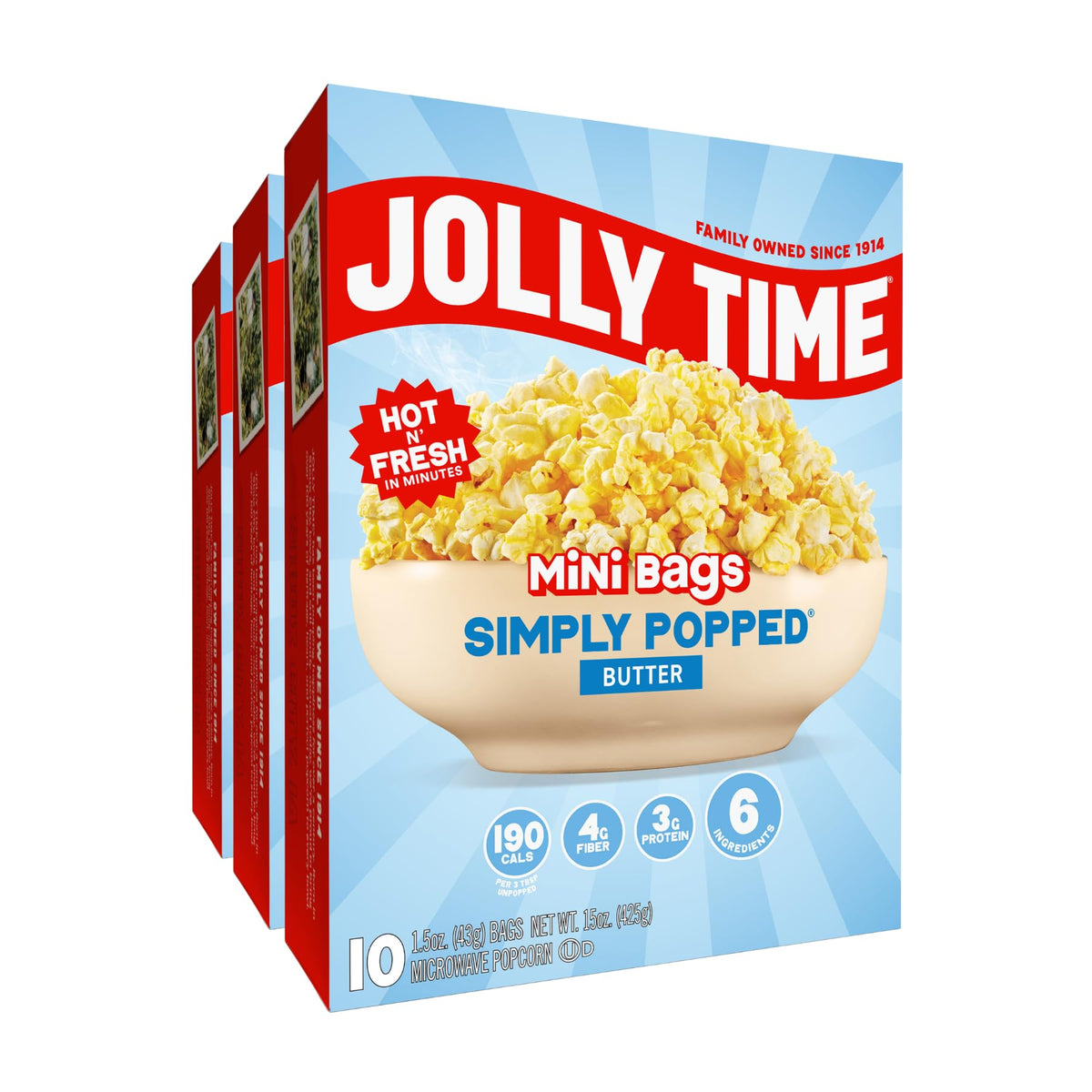 Jolly Time front packaging showing 3-box carton and product benefit simplicity
