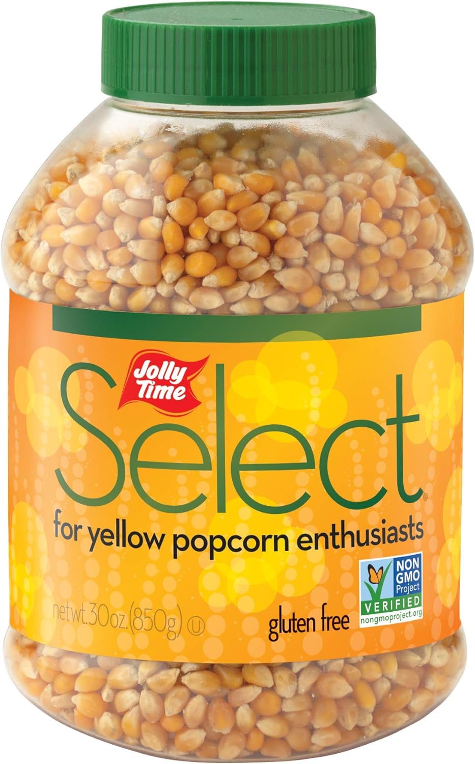 Jolly Time front packaging showing 30 oz jug and benefits for consistent popping