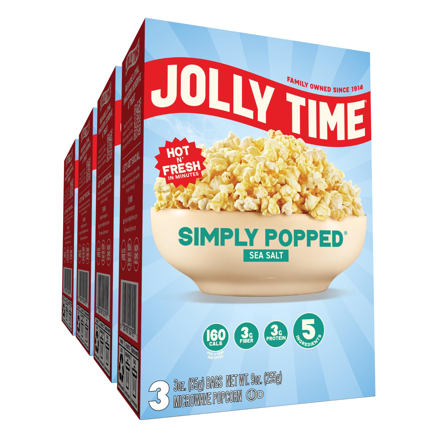 Jolly Time front packaging showing 12 three-ounce bags and sea salt benefit