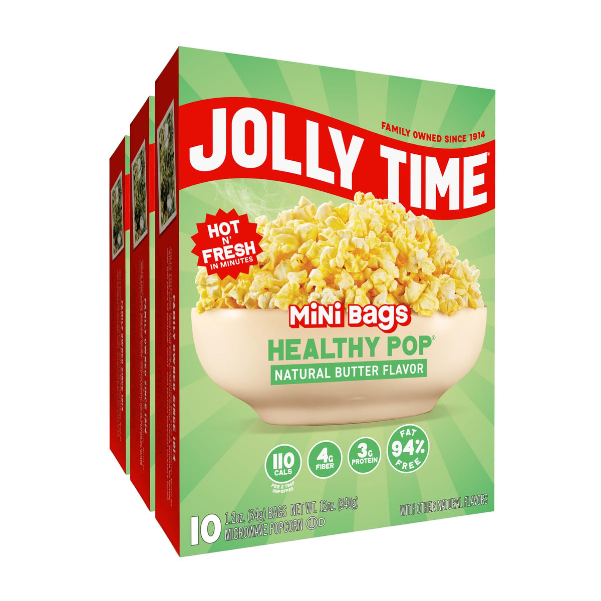 Jolly Time front packaging showing convenient 30-bag value and butter flavor benefit