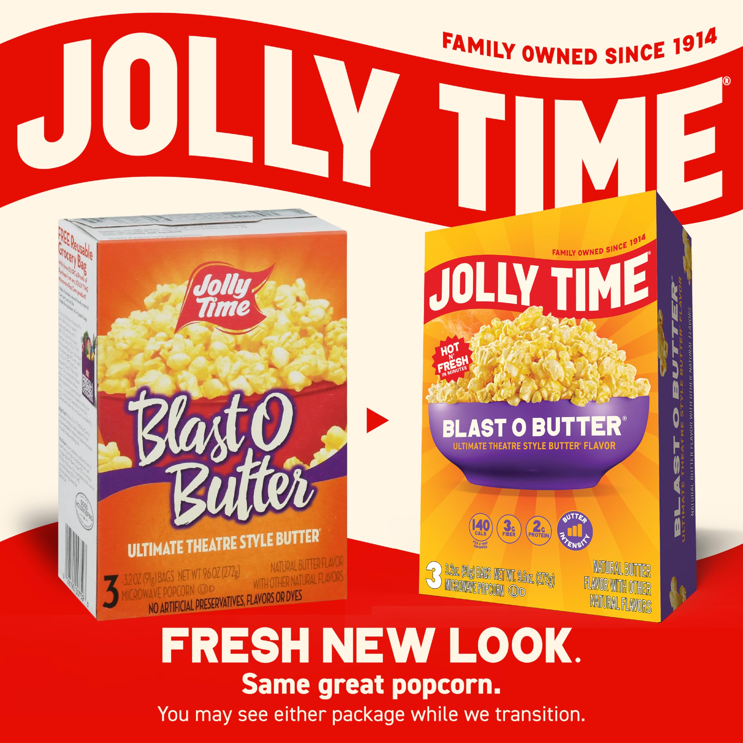 Jolly Time popcorn pouring from bag into bowl showing quick serving convenience