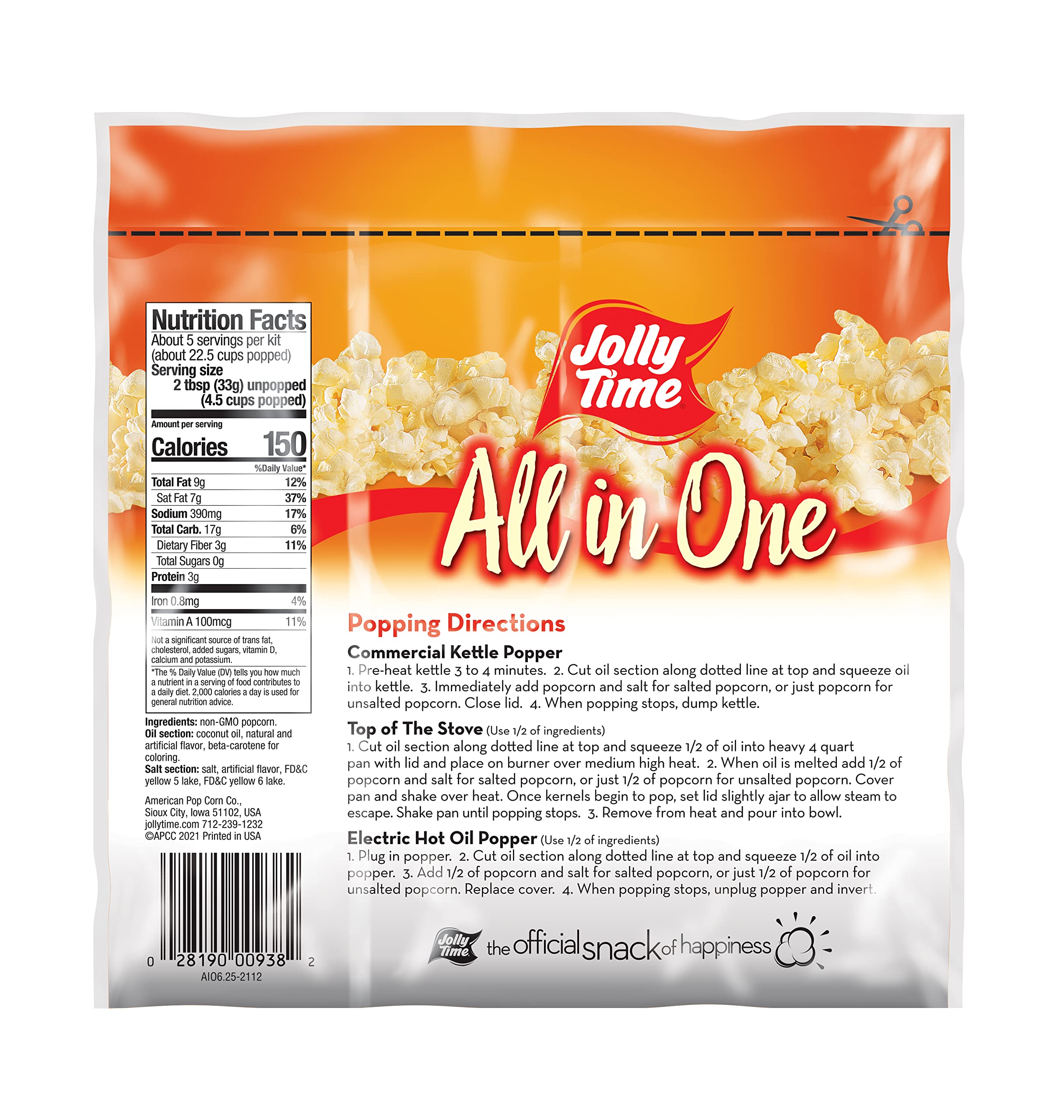 Jolly Time tray close-up showing three compartments for kernels oil and salt ensures accurate portions