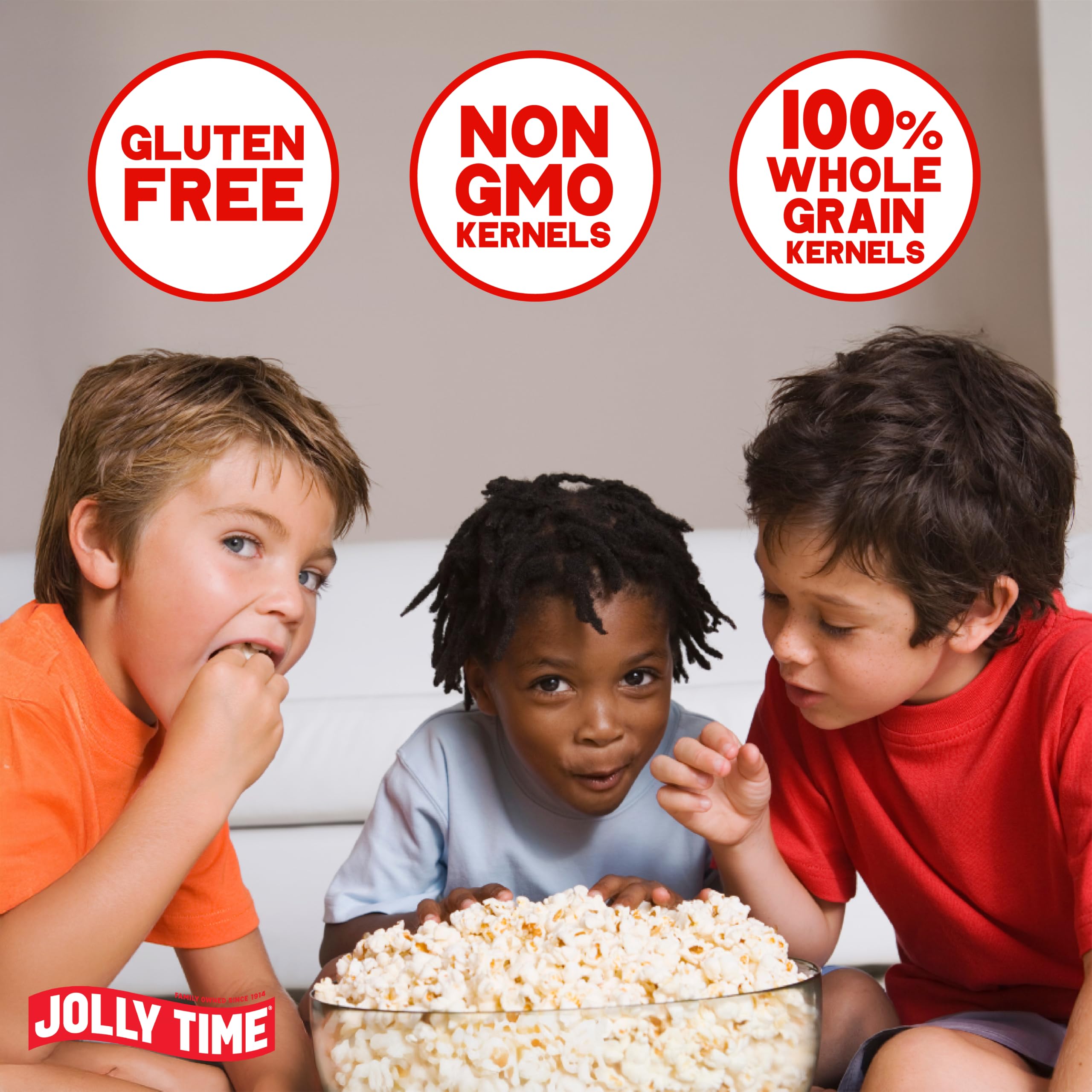 Jolly Time unpopped kernels in bag demonstrating non-GMO corn quality and freshness