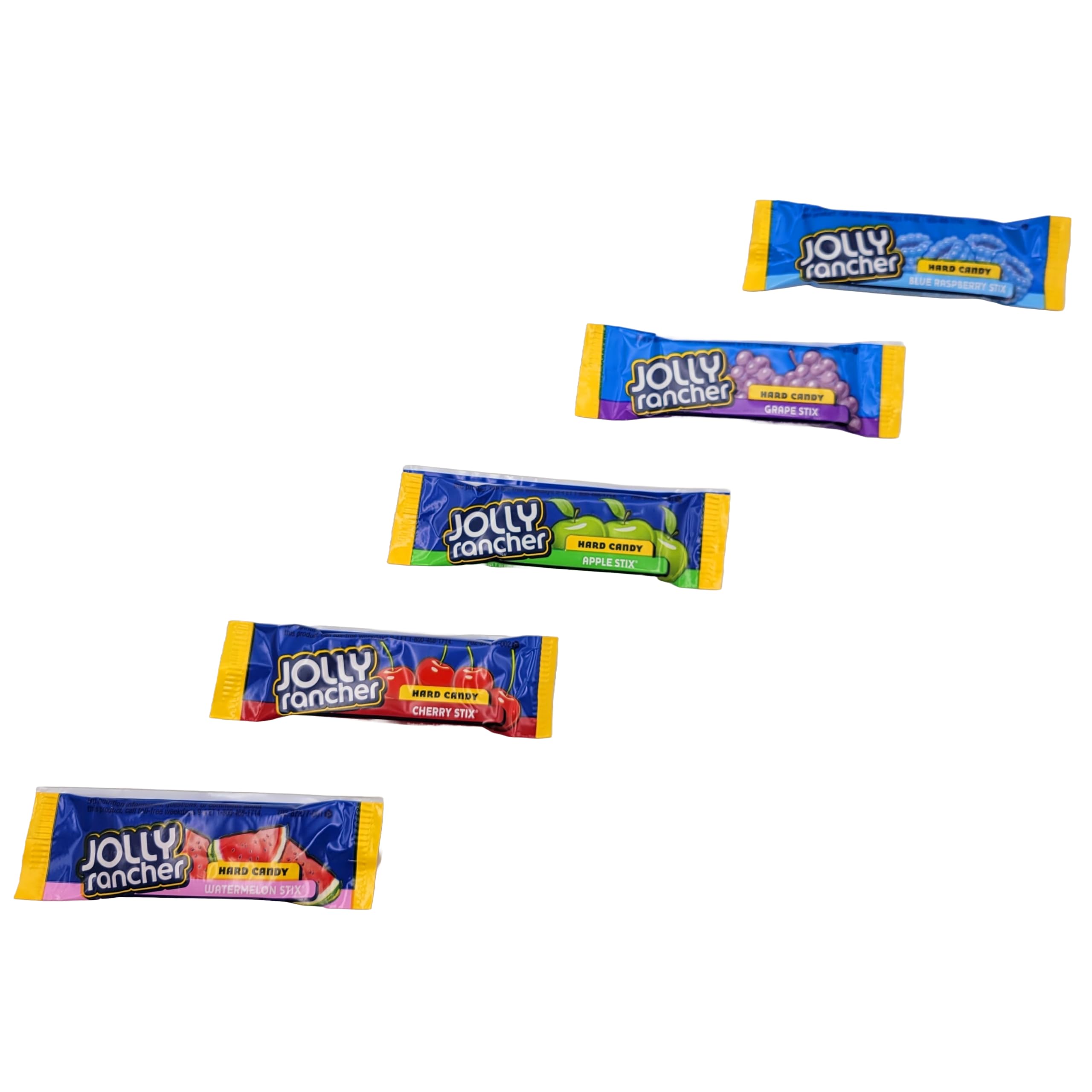 Yummy Chew JollyRancher arranged flavors displaying green apple, watermelon, blue raspberry benefits