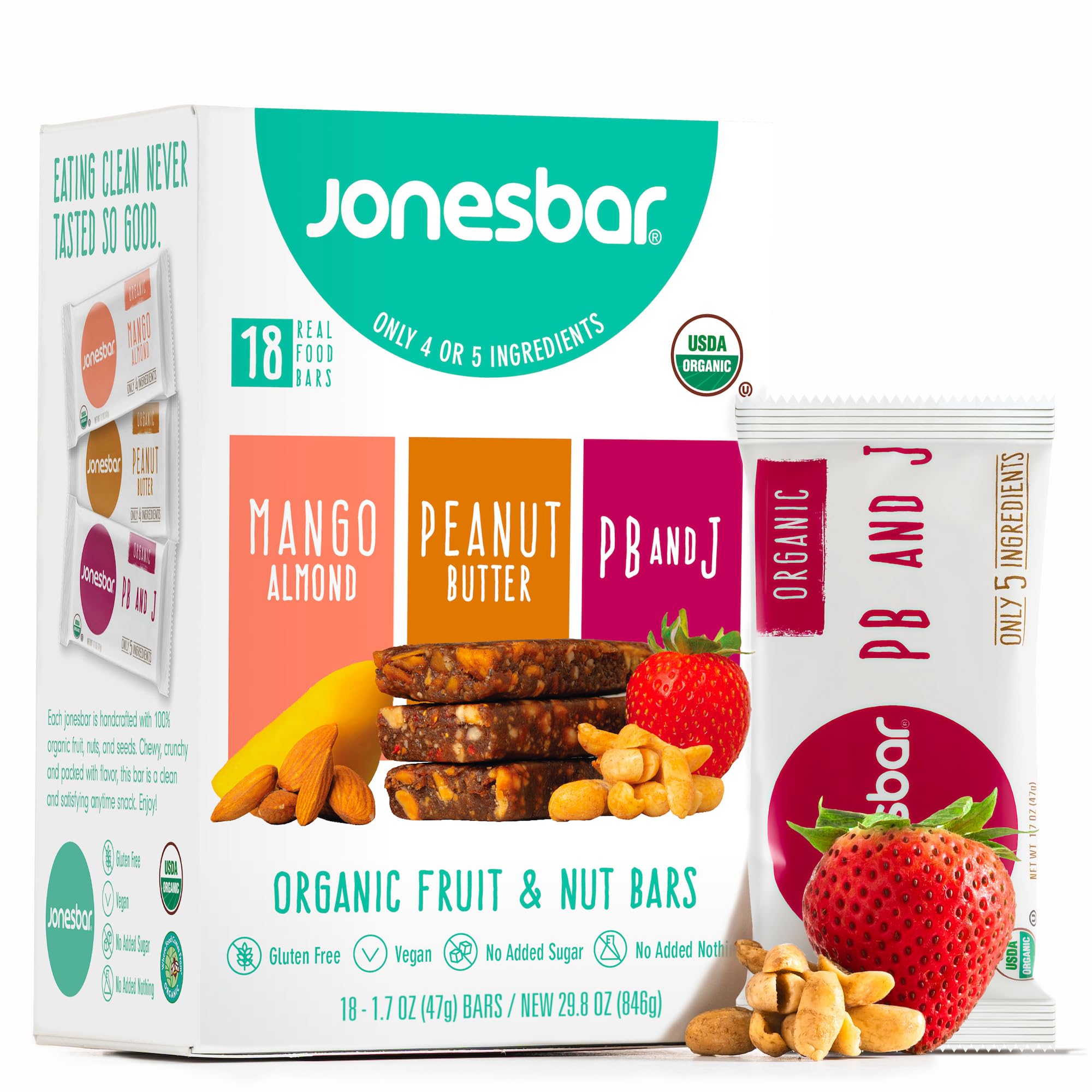 jonesbar front box packaging showing the 18-bar variety pack and clear labeling, convenient for families
