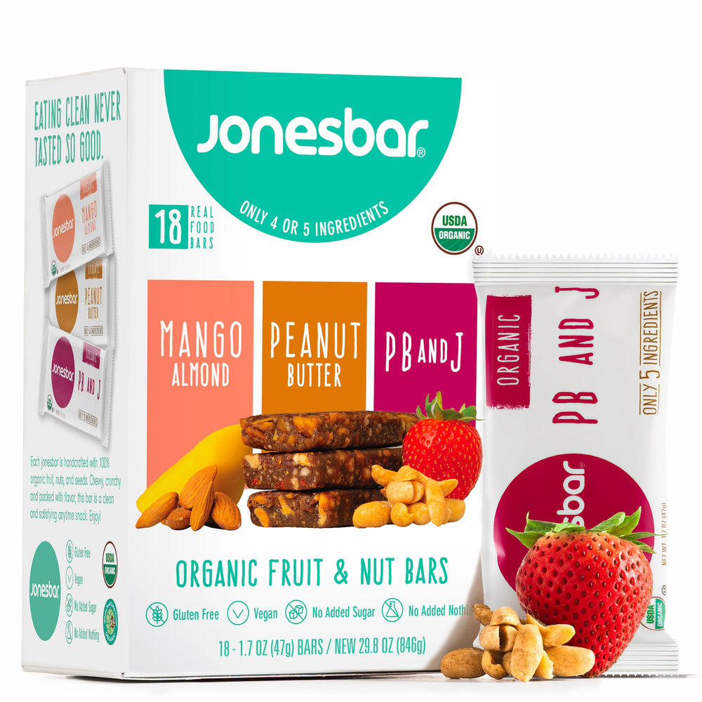 jonesbar front box packaging showing the 18-bar variety pack and clear labeling, convenient for families