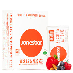 jonesbar front packaging showing berries & almond and organic badges, showcases clean certifications