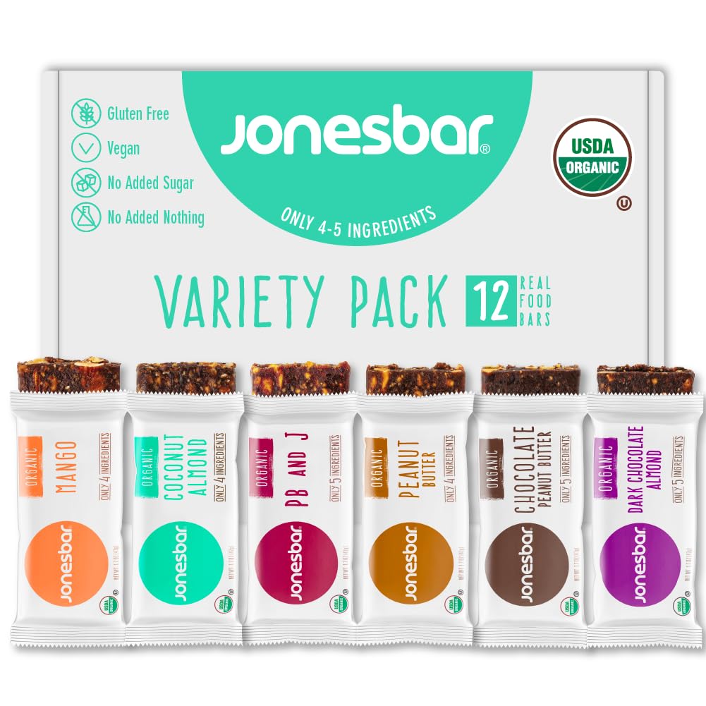 jonesbar front packaging showing variety pack and organic badge for clear choice