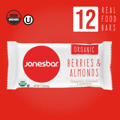 jonesbar ingredient spread with organic dates strawberries and almonds, emphasizes simple sourcing