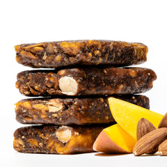 jonesbar ingredients display with organic dates almonds and chia seeds emphasizing clean sourcing