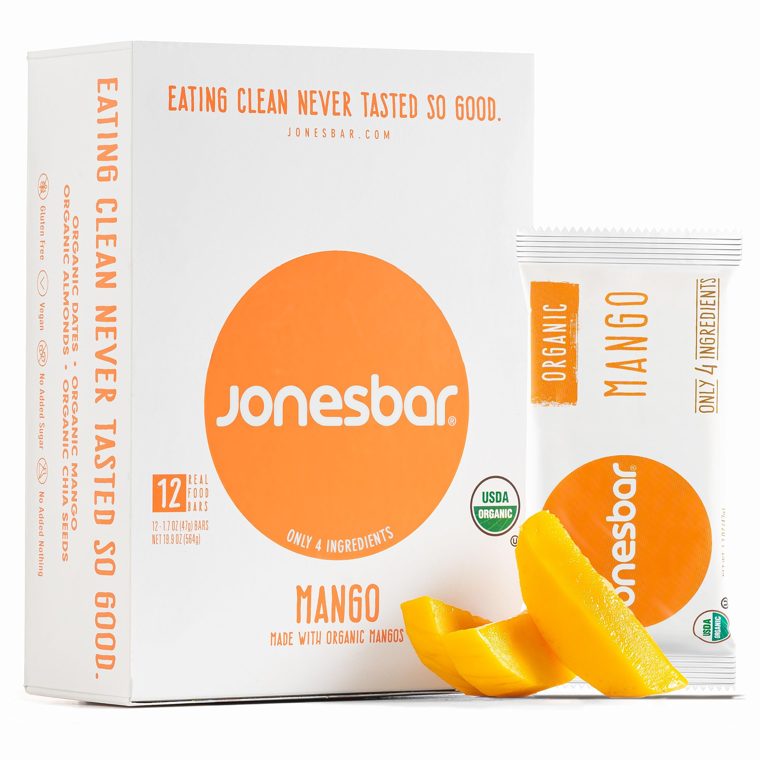 jonesbar front packaging showing organic certifications and mango almond flavor benefit