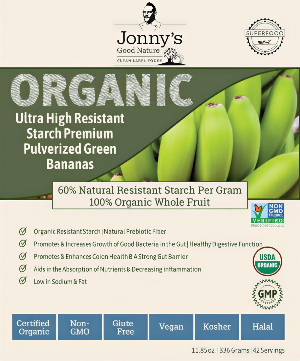 Jonnys Good Nature front packaging showing product and serving count benefits