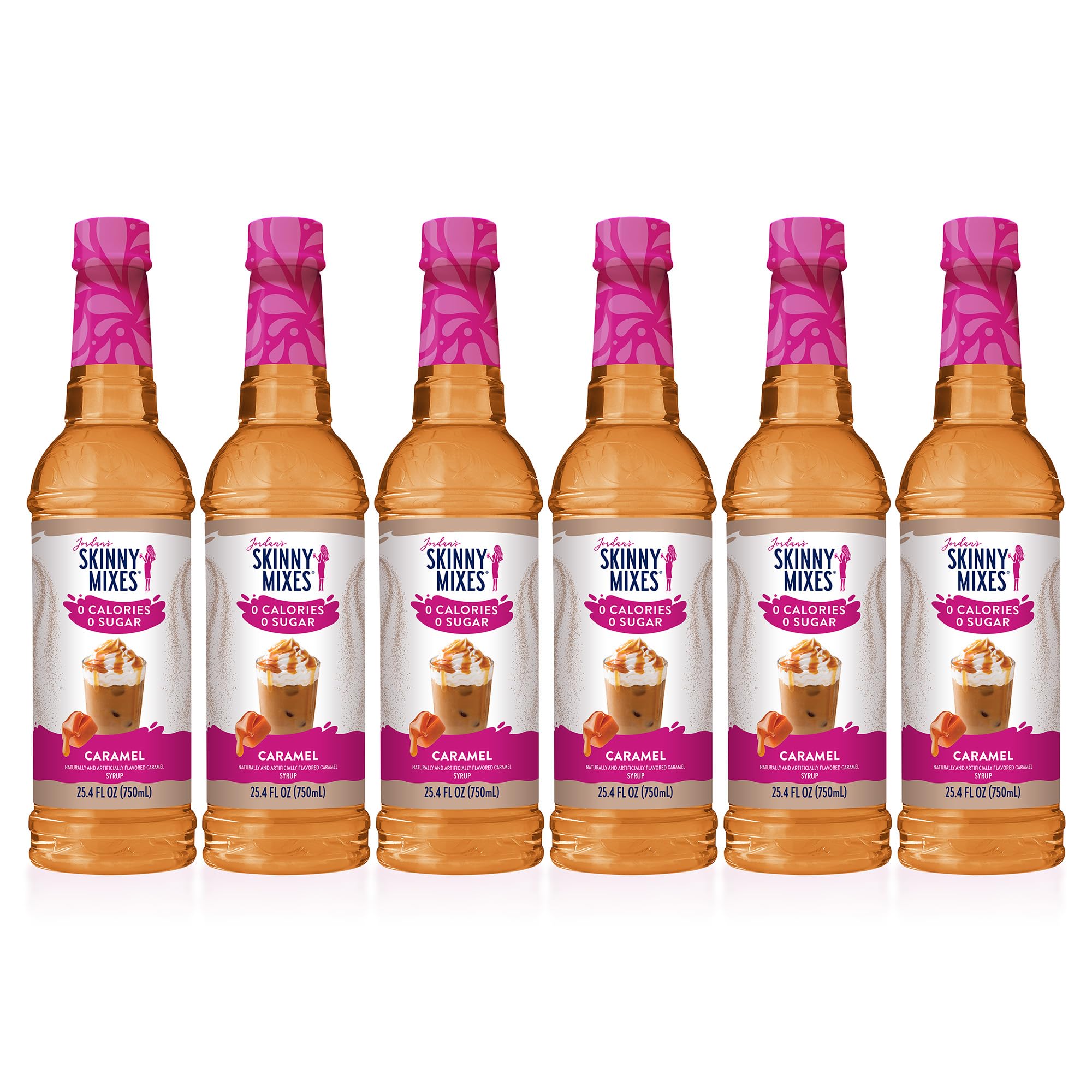 Jordan's Skinny Mixes caramel front packaging showing bottle and label benefits