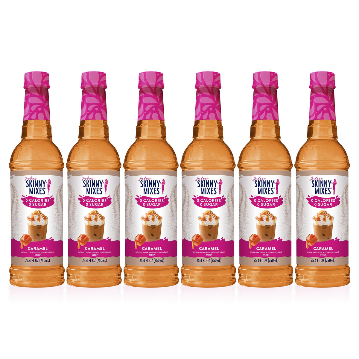 Jordan's Skinny Mixes caramel front packaging showing bottle and label benefits
