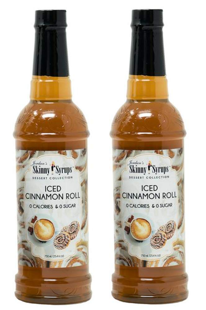 Jordan's Skinny Syrups bottle front view showing iced cinnamon roll flavor and two-bottle pack benefit